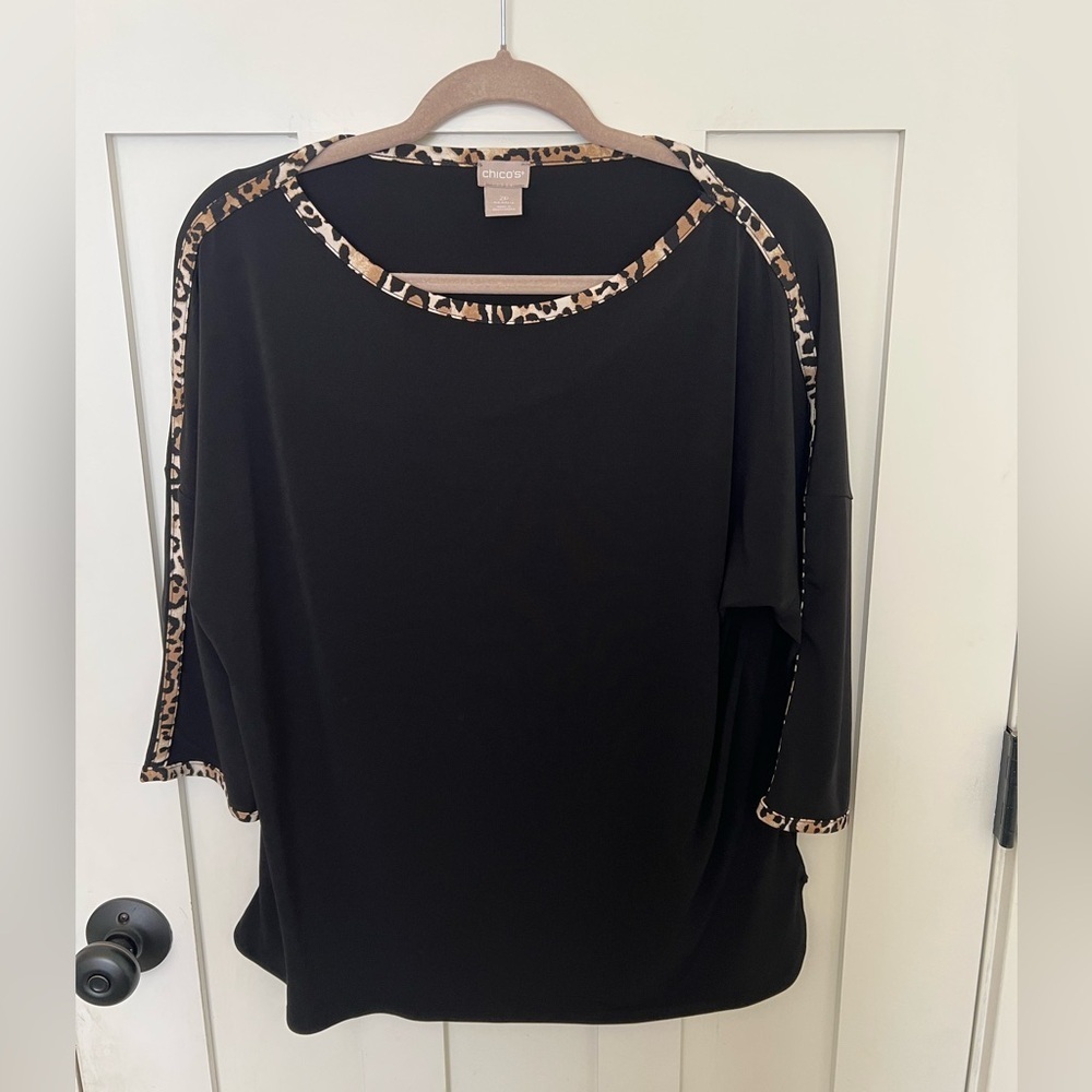 Chicos Black 3/4 Sleeve With Animal Print Trim Size Large petite